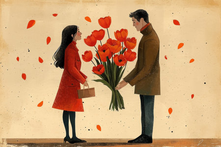 man presenting bouquet of flowers to woman,st valentine's day.の素材