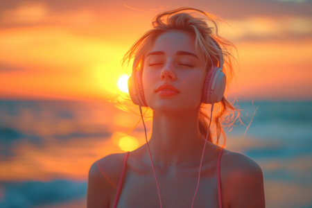 portrait of woman listen to the sea sound.の素材