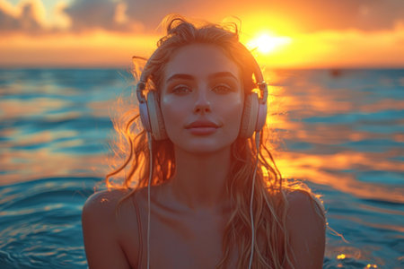 portrait of woman listen to the sea sound.の素材