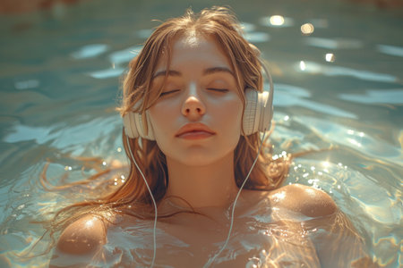portrait of woman listen to the sea sound.の素材