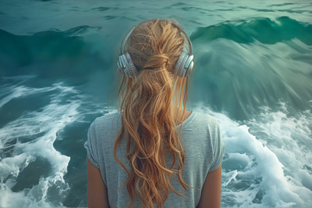 portrait of woman listen to the sea sound.の素材
