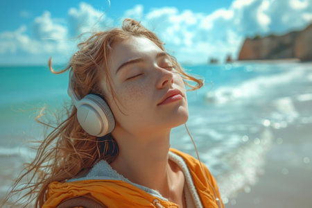 portrait of woman listen to the sea sound.の素材