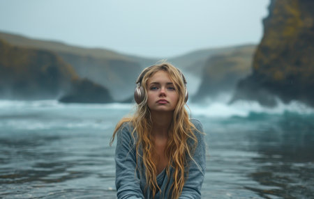 portrait of woman listen to the sea sound.の素材