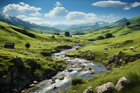 sheep pasture in mountains ariel view.の素材