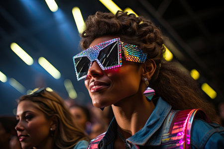 vibrant scene of a retro dance party in the 80s. Picture a lively crowd of people, dressed in iconic 80s fashion, surrounded by neon lights and disco balls.の素材