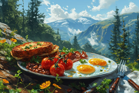 picture of english breakfast with eggs, tomatoes, , bacon, beans, mushrooms and sausage.の素材