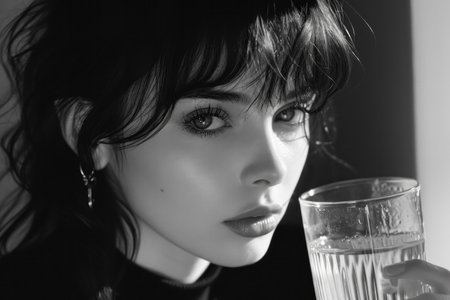 close up portrait of young beautiful woman drinking water.の素材