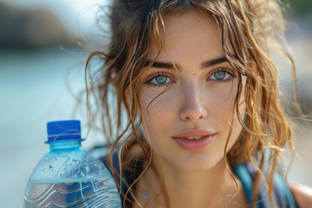 close up portrait of young beautiful woman drinking water.の素材