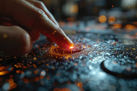 close-up scene where a thumb is delicately pressing on a button that symbolizes control over the world.の素材