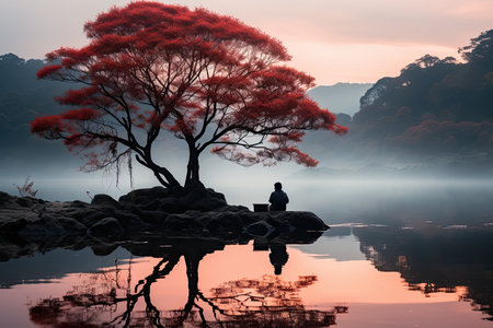overall composition conveys a serene ambiance, capturing the beauty of stillness and the power of simplicity in the travel experienceの素材