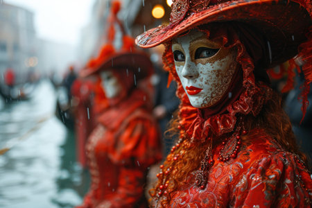 carnival scene in Venice unfolds with a crowd, adorned in exquisite costumes and elegant masks, canals and gondolasの素材