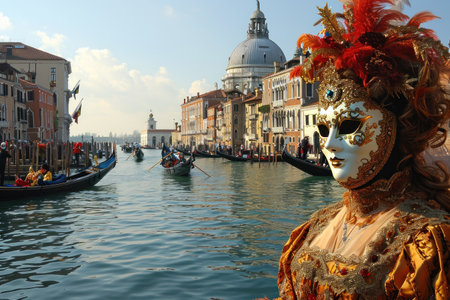 carnival scene in Venice unfolds with a crowd, adorned in exquisite costumes and elegant masks, canals and gondolasの素材