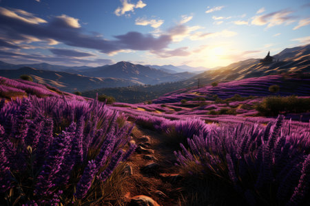 long beautiful violet lavender fields.の素材