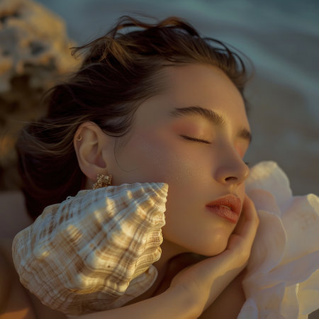 a picture of woman is holding sea shells, in the style of pop inspo. High quality photoの素材