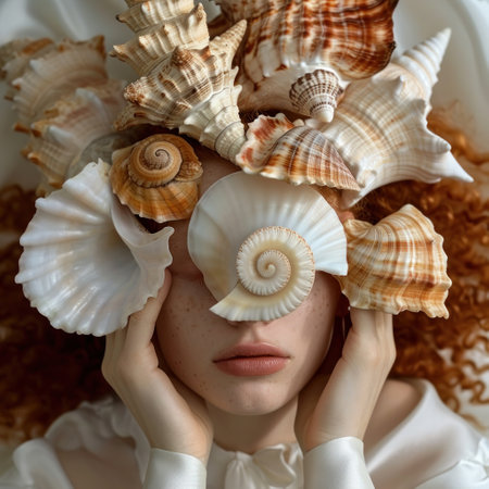 a picture of woman is holding sea shells, in the style of pop inspo. High quality photoの素材