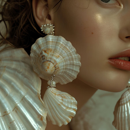 a picture of woman is holding sea shells, in the style of pop inspo. High quality photoの素材