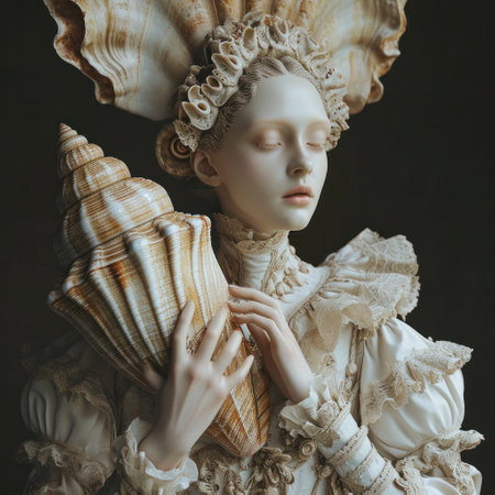 a picture of woman is holding sea shells, in the style of pop inspo. High quality photoの素材