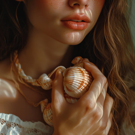 a picture of woman is holding sea shells, in the style of pop inspo. High quality photoの素材