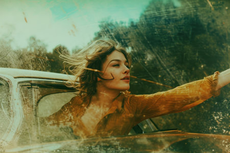 woman in car with outstretched arms, in the style of the snapshot aesthetic, green and amberの素材