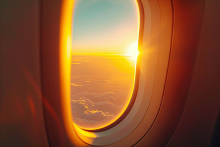 an airplane window at sunset, in the style of aesthetic, light orange and light blue,.の素材
