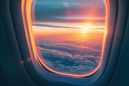 an airplane window at sunset, in the style of aesthetic, light orange and light blue,.の素材