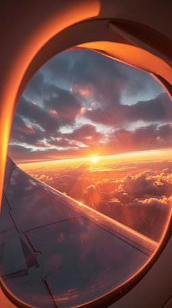 a plane wing over the sky at sunrise, in the style of Afro-Colombian themes, yellow and red.の素材