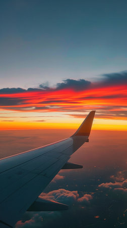 a plane wing over the sky at sunrise, in the style of Afro-Colombian themes, yellow and red.の素材