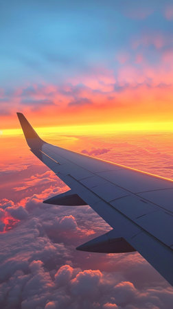 a plane wing over the sky at sunrise, in the style of Afro-Colombian themes, yellow and red.の素材