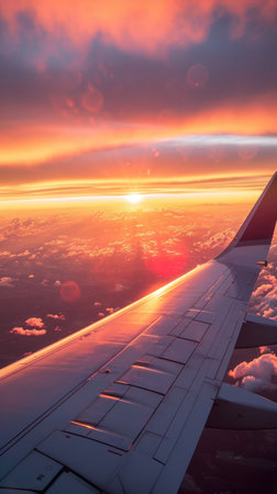 a plane wing over the sky at sunrise, in the style of Afro-Colombian themes, yellow and red.の素材