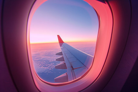 an airplane window at sunset, in the style of aesthetic, light pink and light blueの素材