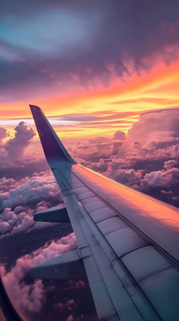 a plane wing over the sky at sunrise, in the style of Afro-Colombian themes, yellow and red.の素材