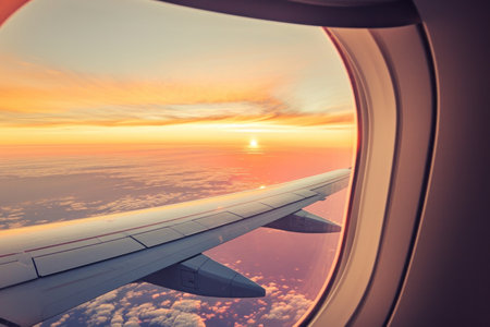 a plane wing over the sky at sunrise, in the style of Afro-Colombian themes, yellow and red.の素材