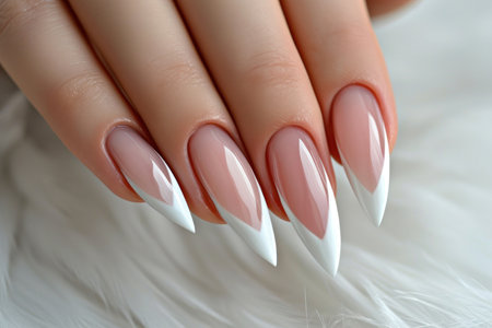 close up of long nails with French manicure.の素材