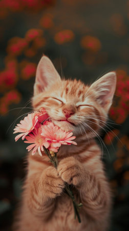 the cute tabby cat smiles while holding a pink bouquet.の素材