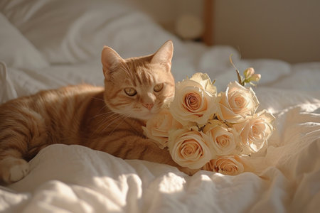the cute tabby cat smiles while holding a pink bouquet.の素材