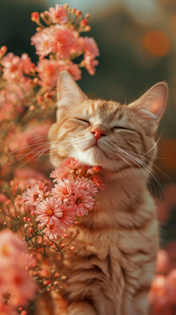 the cute tabby cat smiles while holding a pink bouquet.の素材