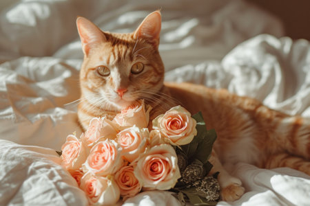 the cute tabby cat smiles while holding a pink bouquet.の素材