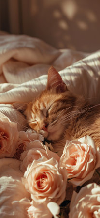 the cute tabby cat smiles while holding a pink bouquet.の素材