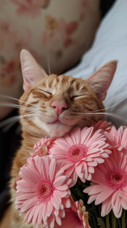 the cute tabby cat smiles while holding a pink bouquet.の素材