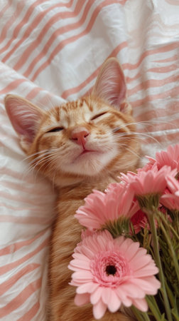 the cute tabby cat smiles while holding a pink bouquet.の素材
