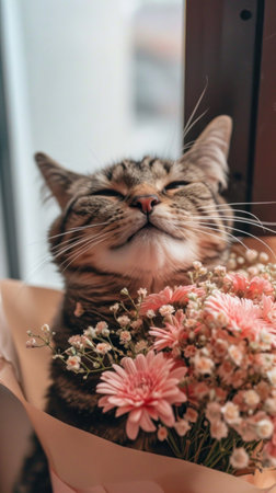 the cute tabby cat smiles while holding a pink bouquet.の素材