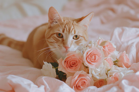 the cute tabby cat smiles while holding a pink bouquet.の素材