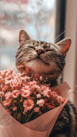 the cute tabby cat smiles while holding a pink bouquet.の素材