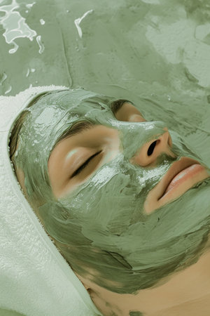 woman getting a green facial at her spa, in the style of dark beige and gray.の素材