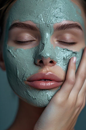 woman getting a green facial at her spa, in the style of dark beige and gray.の素材