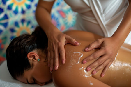 a woman getting a back massage at spa.の素材