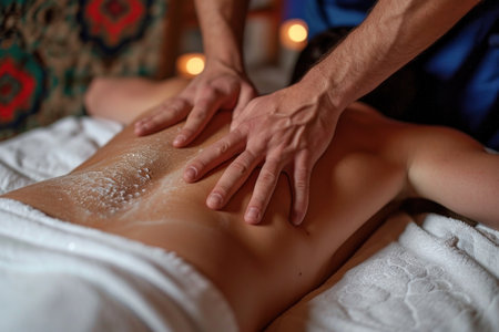 a woman getting a back massage at spa.の素材