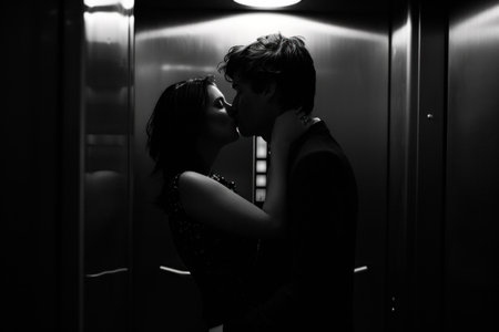 a man and woman kissing one another in an elevator, in the style of celebrity photography,の素材