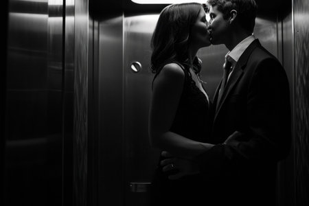a man and woman kissing one another in an elevator, in the style of celebrity photography,の素材