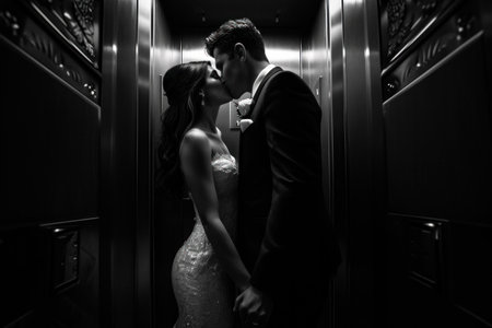 a man and woman kissing one another in an elevator, in the style of celebrity photography,の素材